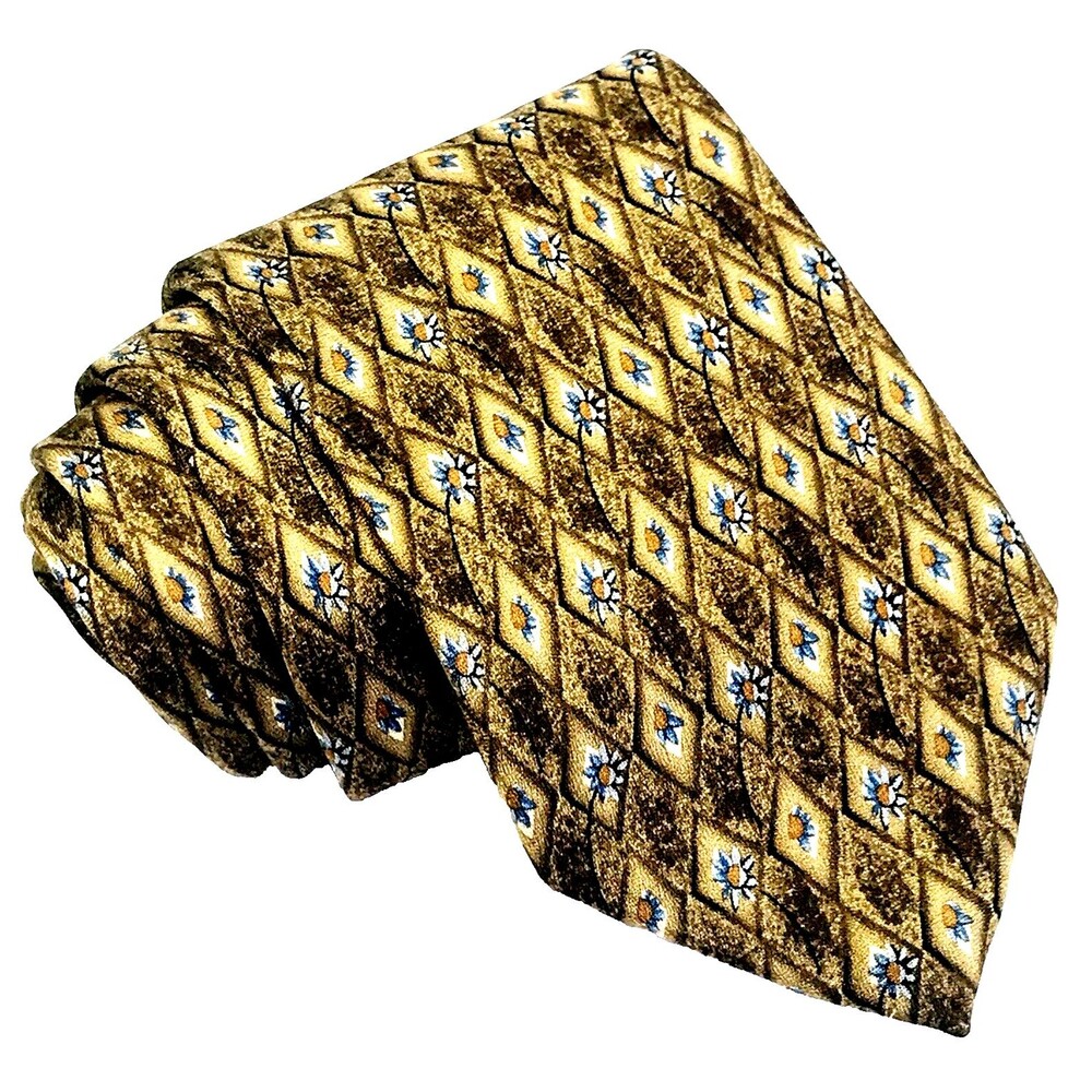Robert Talbott Studio Tie Handmade Floral Diamond Gold Brown Preppy Hippie